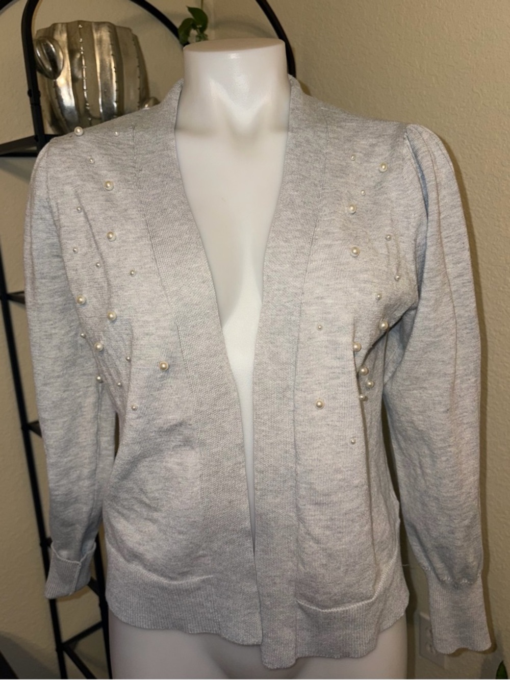 Max Studio Light Gray Pearl-Embellished Open Cardigan